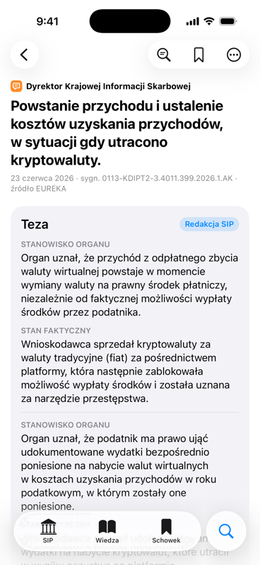 Interpretacja Dyrektora Krajowej Informacji Skarbowej o utraconych kryptowalutach z tezą redakcji SIP w aplikacji na iPhonie.